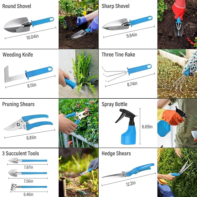 Gardening Tools Set, 10PCS Stainless Steel Gardening Planting Tools Gift Kit with Carrying Case, Trowel Rake Weeder Pruner Shears Sprayer Gardening Set
