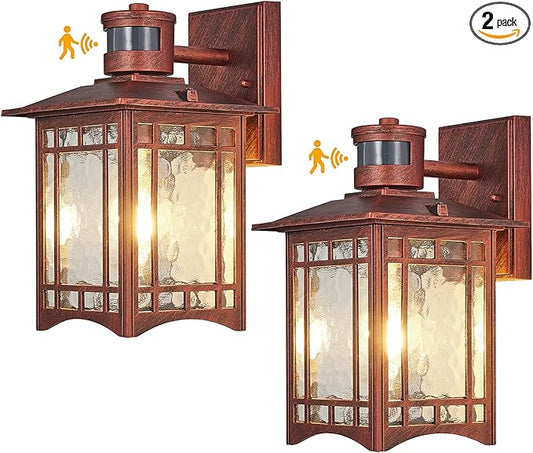 2 Pack Red Rustic Outdoor Wall Porch Lights - Motion Sensor, Dusk to Dawn, Waterproof, Anti-rust, Tempered Glass, 8x6x12 inches