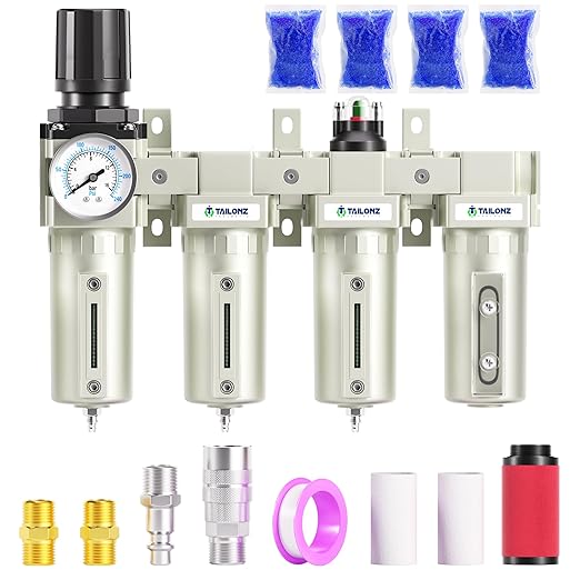 TAILONZ PNEUMATIC 0-240PSI 1/2 Inch NPT Industrial Grade 4 Stage Air Drying System, Double Particulate Filter, Coalescing Filter, Desiccant Dryer and Air Regulator (Manual Drainage)
