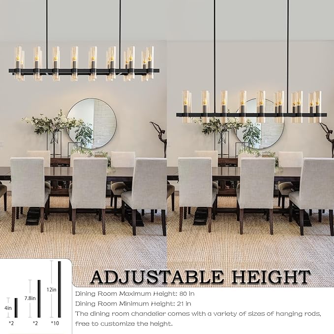Modern Black Island Rectangle Chandelier with Amber Glass,63" Adjustable Height Modern Linear Light Fixture 16 Light Dining Room Chandelier Over Table for Dining Room Kithen Island