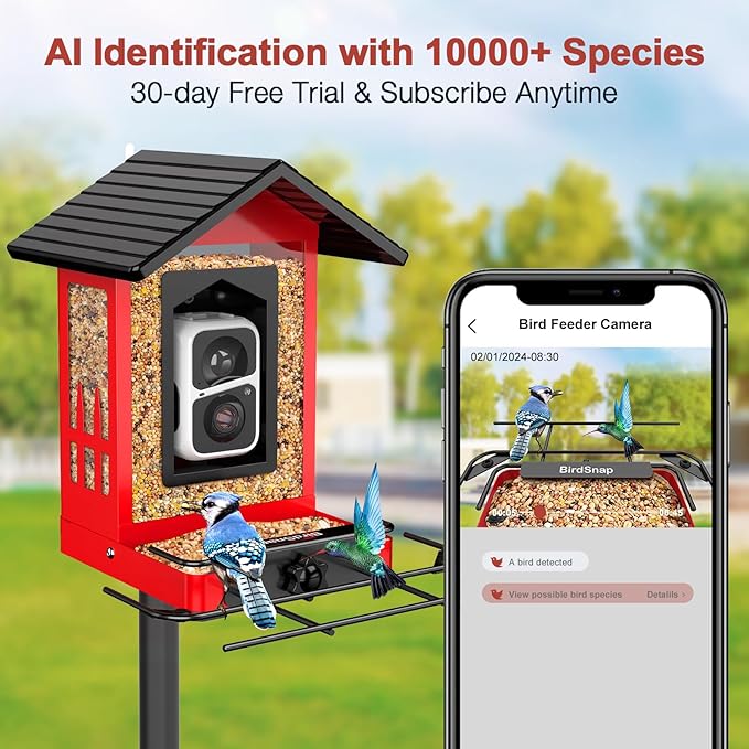 birdsnap® APS - Metal Bird Feeder with Camera Solar Panel 32GB Card, AI Identify 10000+ Birds Camera Feeder, 3 DIY Add-ons, 2K HD Live View Auto Record Bird Video, Ideal Gift for Birds Lover