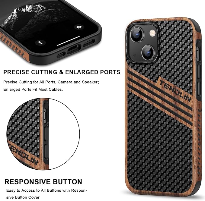 TENDLIN Compatible with iPhone 15 Case Wood Grain with Carbon Fiber Texture Design Leather Hybrid Slim Case (Three Stripe)