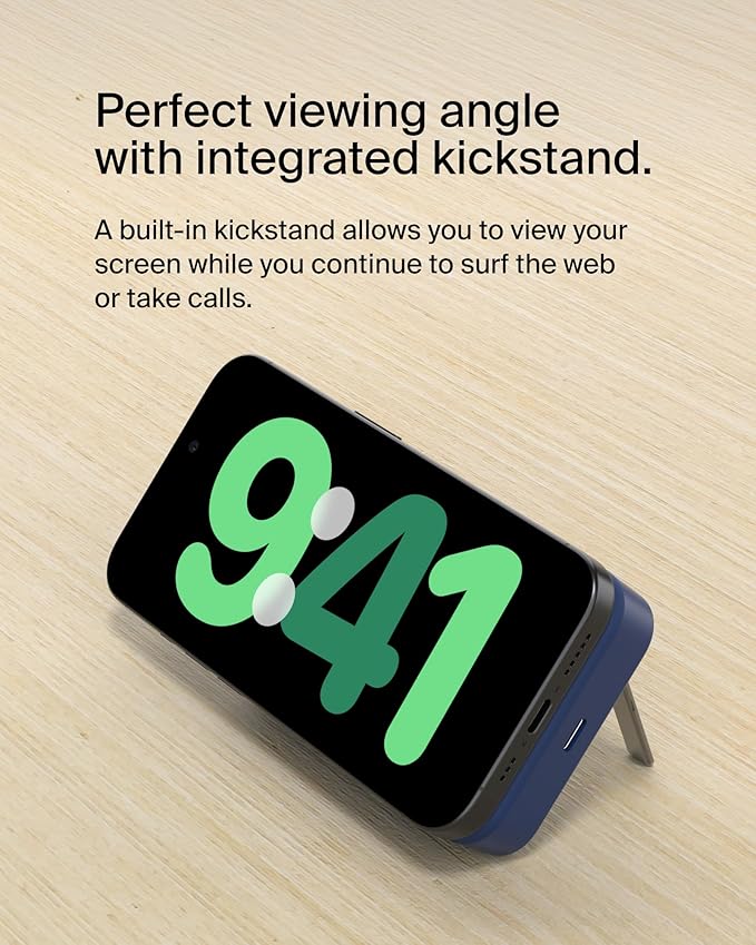 Belkin Portable Charger, Wireless Power Bank 15W 10000 mAh w/ Qi2, MagSafe Charger + Built-in Pop-up Kickstand - Compatible w/iPhone 16, 15, 14, Plus, Pro, Max, Google Pixel 10, etc. - Blue