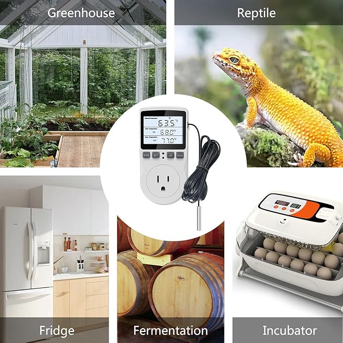 KT3100BL Digital Temperature Controller Outlet Socket VA LCD Display Plug in Thermostat 15A 120V Output with Blue Backlight 3m Temperature Sensor