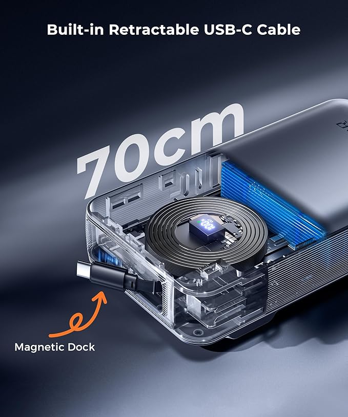 Portable Charger Power Bank - Travel Essentials Battery Pack 35W AC Plug GaN 10000mAh Built in Cable USB C Phone Fast Charging Powerbank Compatible with iPhone 16 15 14 13 iPad MacBook Samsung