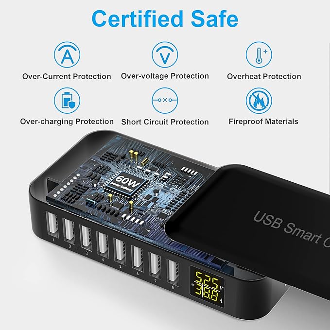 USB Charging Station, Ziwodiv 8-Port 60W/12A USB Charger Station, Multi Ports USB-A Charging Hub with LED Display, Compact Desktop Charger for Multiple Devices, iPhone iPad Samsung Android and Tablet