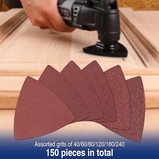 WORKPRO 150PCS Triangle Sanding Pads, 3-1/8 Inch Hook and Loop Fit for Oscillating Multi Tool, 40/60/80/120/180/240 Grit for Sanding, Grinding
