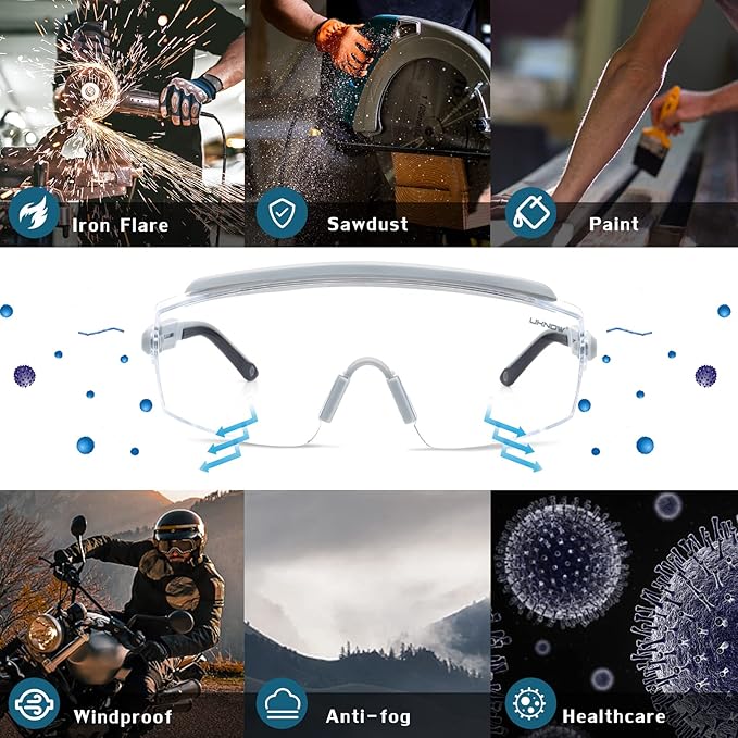 UKNOW Safety Goggles Over Glasses, Safety Glasses Anti Fog Wraparound Eye Protection, Protective Eyewear ANSI Z87.1