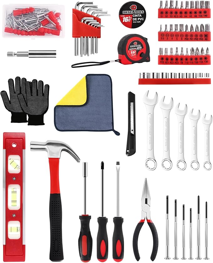 Essential Man's Small Tool Box Kit for House, New Home Toolbox Socket Wrench Set, Mini Men's Car Mechanic Pliers Hammer Toolset, Home Repair Basic Car Body Tool (Tool Kit - Red)