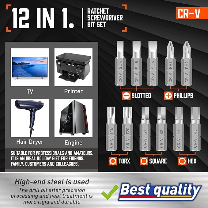 Amartisan 12-in-1 Multi Bit Screwdriver, Ratchet Screwdriver, 60-Degree Adjust Precision Screw Driver, Slotted/Philips/Torx/Square/Hex