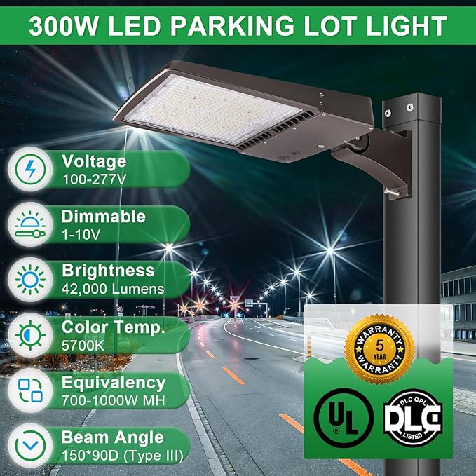 300W LED Parking Lot Light, 5700K 42000LM LED Shoebox Area Light [1000W MH/HPS Equiv.], 0-10V Dimmable Outdoor Pole Flood Lights with Arm Mount, IP65 20KV Surge Protection AC100-277V UL&DLC Listed