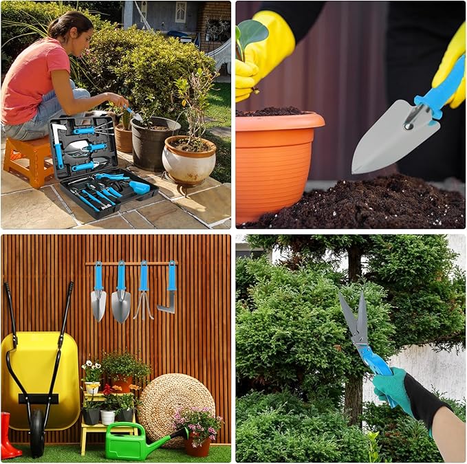 Gardening Tool Set, 11 Pieces Gardening Tools with Carrying Case, Garden Tool Kit for Digging Planting Pruning, Unique Gardening Set with Gloves for Women and Men (Blue)