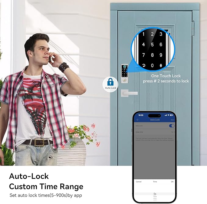 BEBASIA Smart Fingerprint Door Lock with Handle Set, Full App Control, Electronic Digital Touchscreen Keypad, Deadbolt Smart Locks for Front Door, Auto Lock, Satin Nickel