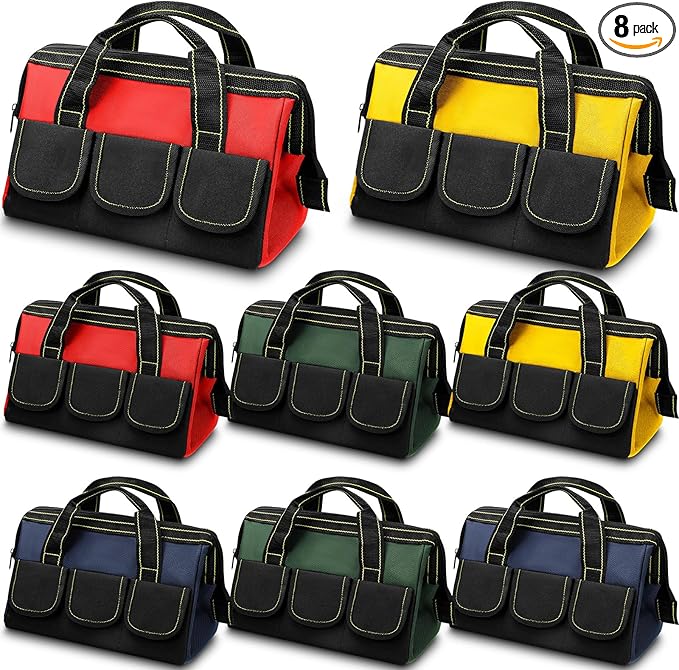 Silkfly 8 Pcs Tool Bags for Men Heavy Duty with Waterproof Hard Bottom Wide Mouth Large Tool Tote Bag Multi Pockets Organizer Tools Kit for Electrician Carpenter Mechanic Dad Gifts(13 Inch)