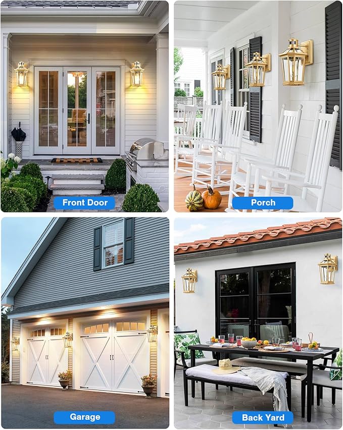 VIANIS Gold Outdoor Wall Lights with Motion Sensor, Dusk to Dawn Outside Porch Lights Lantern, Waterproof Weather Resistant Exterior Lights for House, Doorway, Garden, Home with Clear Glass Shade