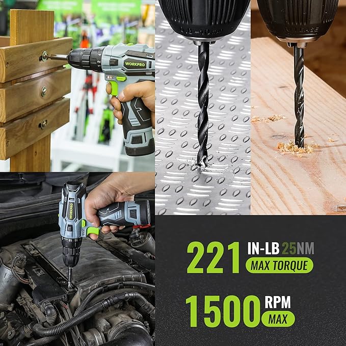 WORKPRO Home Tool Kit with Power Drill, 108PCS Power Home Tool Set with 12V 1.5 Ah Battery Powered Screwdriver and Tool Box, Electric Cordless Drill Set with Keyless Chuck and Variable Speed Trigger