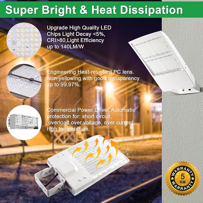 150W LED Parking Lot Light, 5000K 21000LM(140lm/w) LED Shoebox Area Light - Yoke Mount, Dimmable Commercial Street Lighting, Surge Protection Built-in, AC100-277V UL DLC Listed