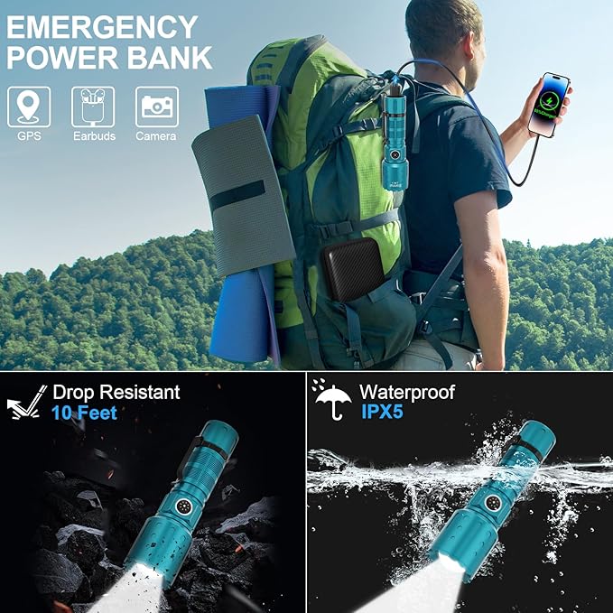 Flashlights High Lumens Rechargeable, Super Bright Long Range Small Powerful Flashlight, 6 Modes LED Tactical Pocket Waterproof Flash Light for Home Emergency (1, Turquoise)