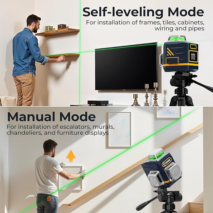 CIGMAN Laser Level Self Leveling 3x360° 3D Green Cross Line for Construction and Picture Hanging, Rechargeable battery, Remote Controller, Magnetic Rotating Stand Included