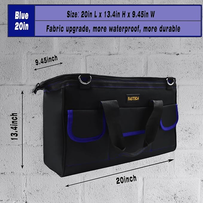 20 Inch Tool Bag, Large Tools Bag Waterproof Wide Mouth Tool Kit Heavy Duty Tool Bag Organizer, Tool Storage Package For Men/Women (20IN Blue)