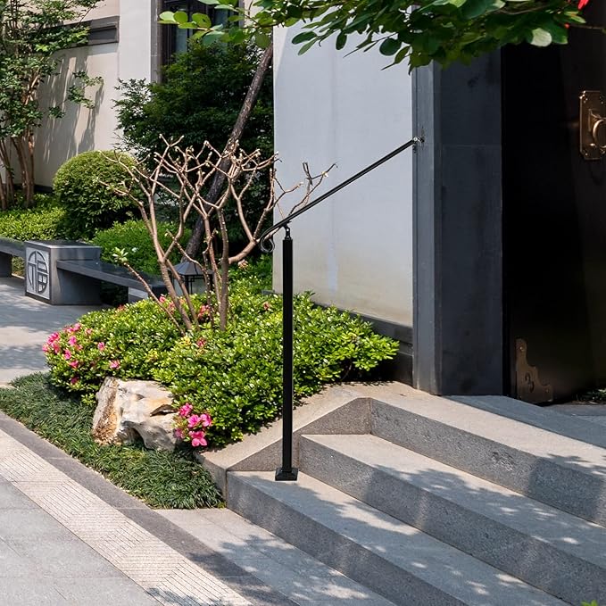 Adjustable Handrail 1-2 Step, Wall&Floor Mounted Wrought Iron Handrails, Handrails for Outdoor Steps, Stair Rail with Installation Kit Hand Rail, Black