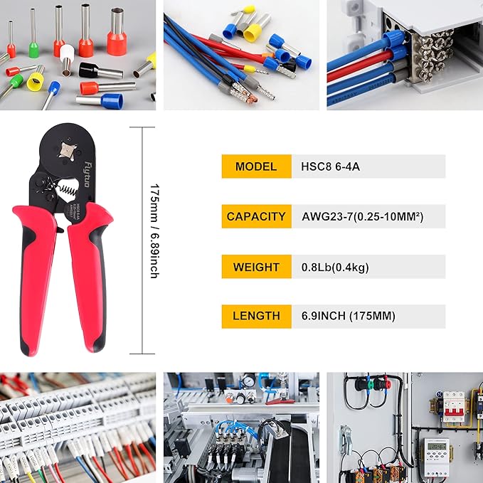 Ferrule Crimping Tool, AWG23-7 Self-adjustable Ratchet Wire Ferrule Crimper, HSC8 6-4A Premium Crimping Tool for Wire Terminals Cables End-sleeves