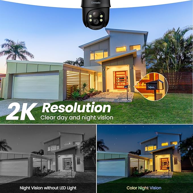 2K Cameras for Home Security-2.4G WiFi Outdoor Camera Wireless Solar/Battery Powered, 360° Viewing, Human Detection, Color Night Vision, Cloud/SD Storage B6 (B6-Black-1pack-2.4G)