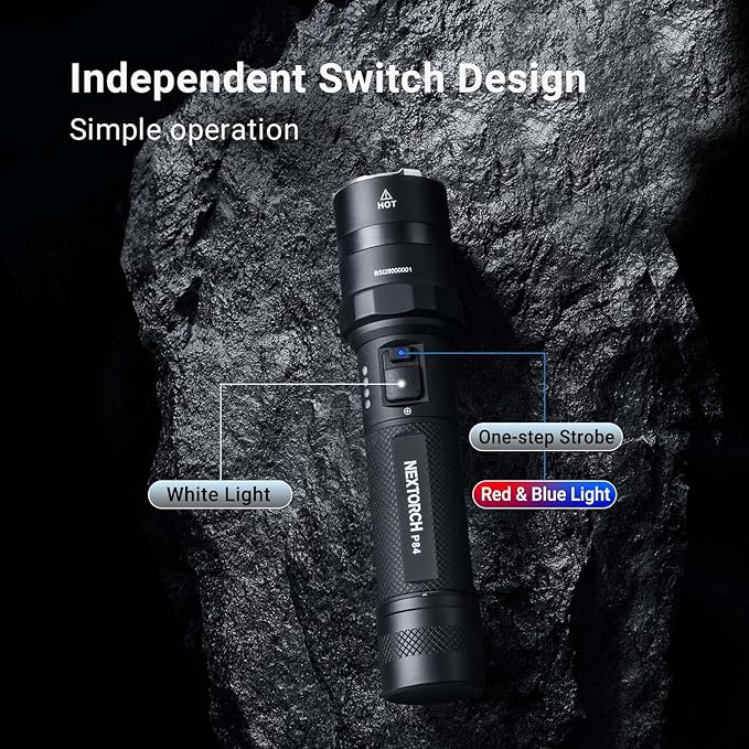 NEXTORCH P84 LED Police Flashlight, 3000 High Lumens Rechargeable Flashlight with Red and Blue Lights & Strobe & Ceramic Bead Broken Window for Night Duty, Outdoor Adventure, Daily Use
