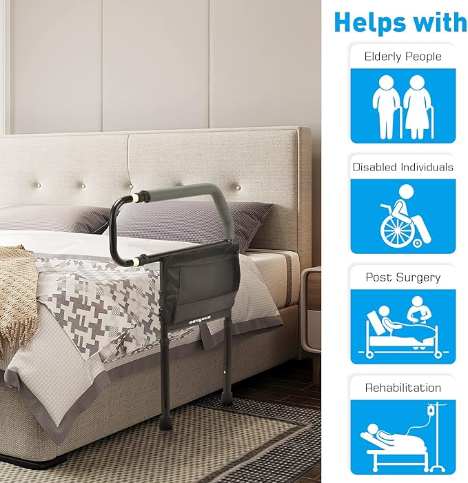 Sangohe Bed Rail for Elderly, Bed Assist Grab Bar Handle with Storage Pocket, Safety Bed Rails for Elderly Adults Getting in & Out of Bed at Home and Dorm - Fit King, Queen, Full, Twin