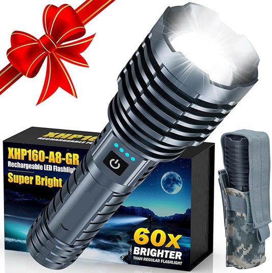 Flashlights 5000.000 High Lumens, Super Bright Rechargeable Flash Light, Powered by Battery, Waterproof Powerful LED Flashlights-Zoomable 5 Modes-31H Runtime-Holster for Emergency Camping