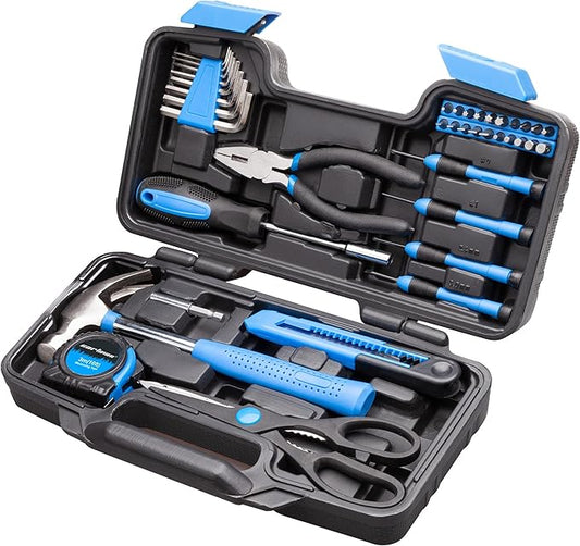 CARTMAN 39-Piece Home Tool Set Kit, Essential Household Hand Tools with Plastic Storage Case, Blue