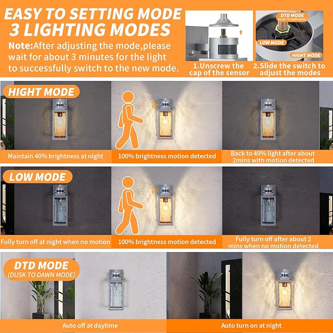 2 Pack Silver Motion Sensor Outdoor Wall Lights,Updated Dusk to Dawn Outdoor Lighting, Exterior Light Fixtures Wall Mount,Waterproof Porch Light Outside Lights for House