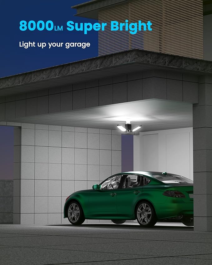 Motion Sensor Garage Light 80W 8000LM, Motion Activated Shop Light with 360° Detection and 3 Deformable Panels, 3 Modes Screw-in Garage Ceiling LED Bulb for Indoor Basement, Attic 1-Pack