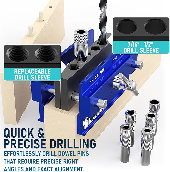 Self Centering Doweling Jig Kit, Drill Jig For Straight Holes Biscuit Joiner Set With 6 Drill Guide Bushings, Adjustable Width Drilling Guide Tool Accessory Jigs (Blue)