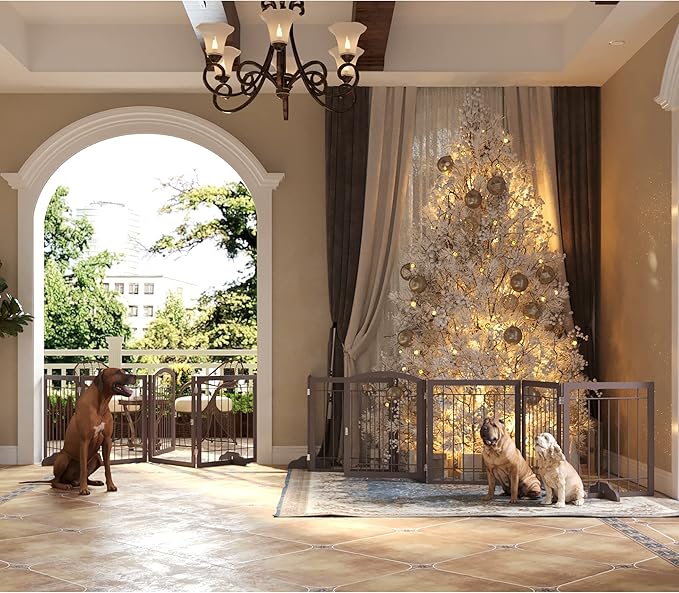 JSB 96-inch Extra Wide 30-inch Tall Dog gate with Door Walk Through, Freestanding Pet Gate for Halls, Stairs & Home, Pet Puppy Safety Dog Fence with 2PCS Support Feet (Espresso)