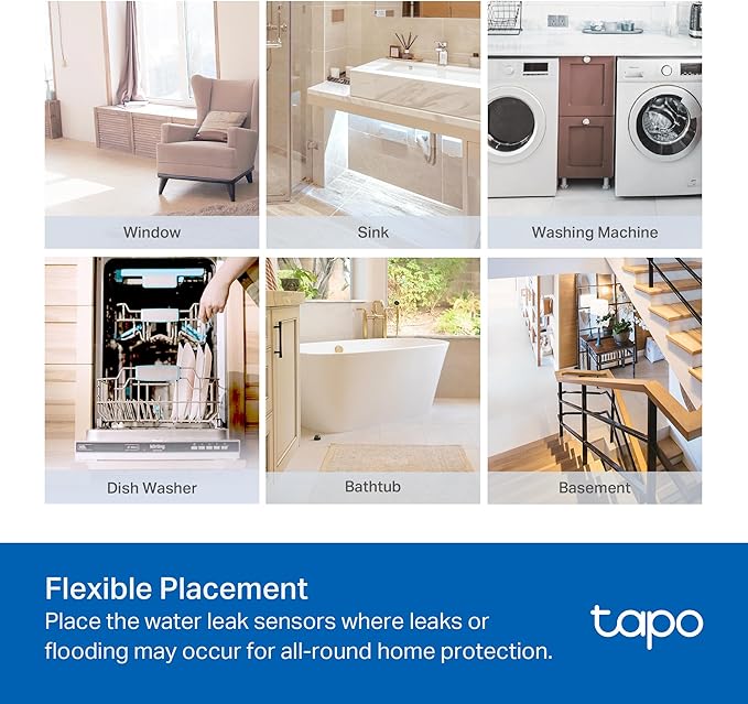 TP-Link Tapo Smart Water Leak Detector, Requires Tapo Hub, Water Leak Sensor Wi-Fi with Rapid Dripping Detection, 90dB Adjustable Alarm, App Alerts, Compatible with Alexa and Google Home, T300