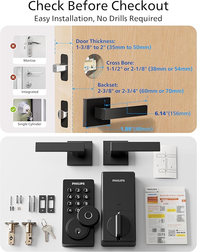 Philips WiFi Deadbolt Smart Lock with Handle, APP/Voice/Fingerprint/Passcode/Key Unlock, Smart Locks for Front Door with Handle Set, Backlit Keypad Deadbolt, Keyless Entry, Remote Control, Auto-Lock