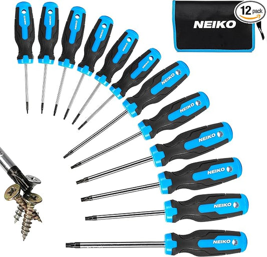 NEIKO 01377A Magnetic Torx Screwdriver Set | 12 Piece | T5 – T40 | 6 Point Star Head Driver | Heat Treated Chrome Vanadium Steel | Non Slip Cushioned Handle Grip | Magnet Bit Tip | Carrying Pouch