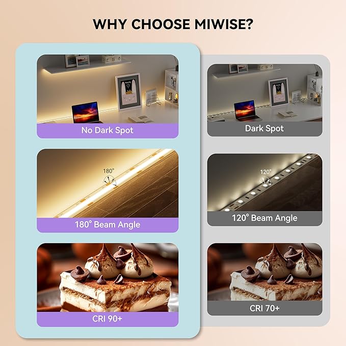 MIWISE COB LED Strip,2700K Warm White 20ft/6.1m,Dimmable Super Bright 24V LED Strip Light,CRI 90+ Flexible Tape Light with RF Remote Timer Function,for Shelf/Cabinet/Bedroom/TV DIY Lighting Project