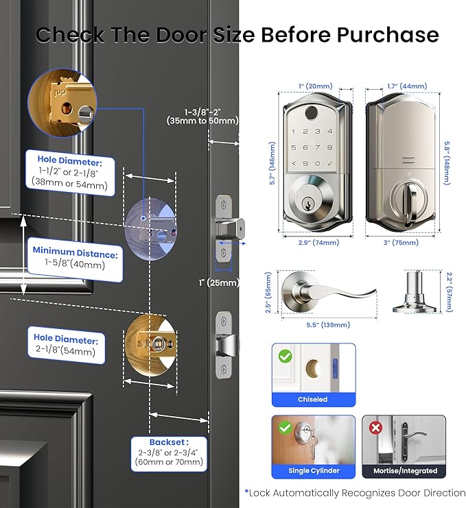 Veise VE017-L Fingerprint Smart Lock with 2 Lever Handles, Keyless Entry Front Door Lock Set, App Control, Electronic Digital Keypad Deadbolt, Easy Installation, Emergency Power Port, Satin Nickel