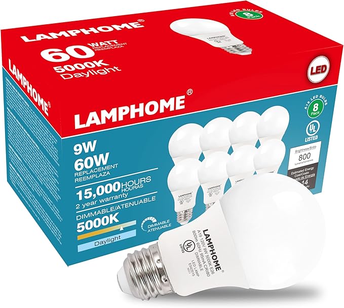 8-Pack Daylight White LED Bulbs - Brighten Your Bedroom & Living Room, 60W Equivalent, 5000K,9W, 15000-Hour Life, E26 Base