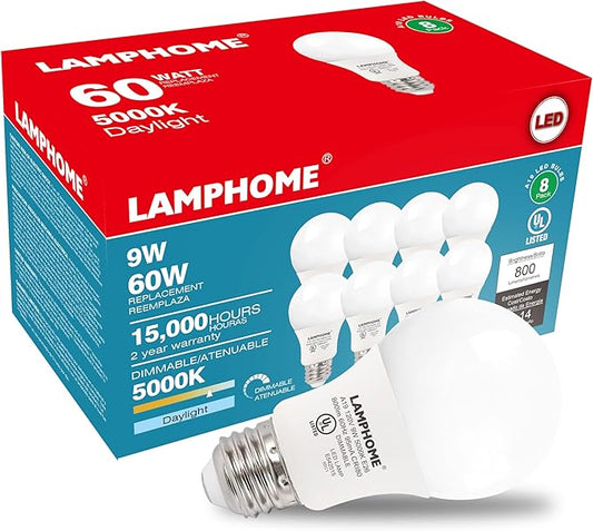8-Pack Daylight White LED Bulbs - Brighten Your Bedroom & Living Room, 60W Equivalent, 5000K,9W, 15000-Hour Life, E26 Base