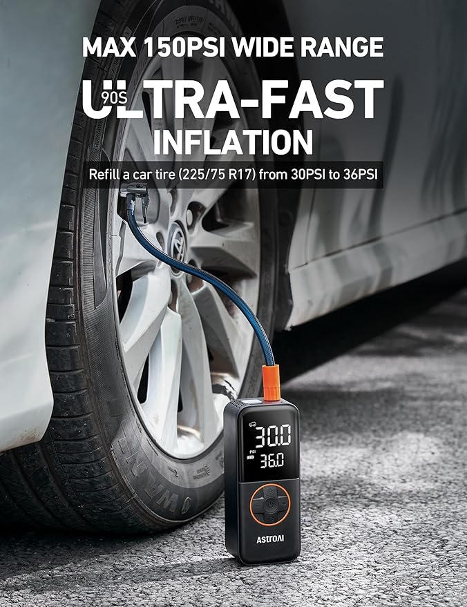 AstroAI L4 Tire Inflator Portable Air Compressor, 150PSI Portable Air Pump for Car Tires with Pressure Gauge LED Light, Electric Air Pump Quick Inflation for Cars, Motorcycles, Bikes, Tires, Balls