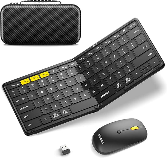 Foldable Keyboard and Mouse, Samsers KM08 Folding Bluetooth Keyboard Mouse Combo, 2.4G + BT5.0 x 2, Full-Size Portable Travel Keyboard & Rechargeable Wireless Mouse for iOS Android Windows Mac OS