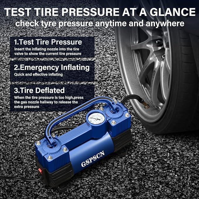 GSPSCN Blue Tire Inflator Heavy Duty Double Cylinders with Portable Bag - Car Accessories，Metal DC 12V Air Compressor Pump 150PSI w/Adapter for Car, Truck, SUV Tires, Dinghy, Air Bed, RV etc