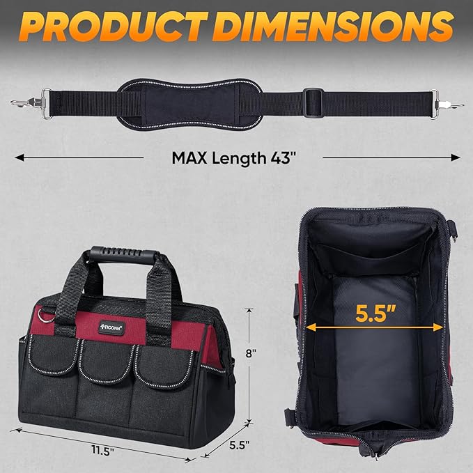 TICONN Heavy Duty Tool Bag with Multi-Pockets, Portable Tool Box Organizer Storage Bag, with Adjustable Shoulder Strap and Ergonomic Handle (Red, 12" Standard Base)
