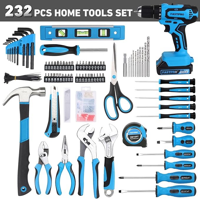 FASTPRO 232-Piece 20V Cordless Drill Driver & Home Tool Set, Home Repairing Tool Kit with Drill, 12-Inch Wide Mouth Open Storage Tool Bag, Blue