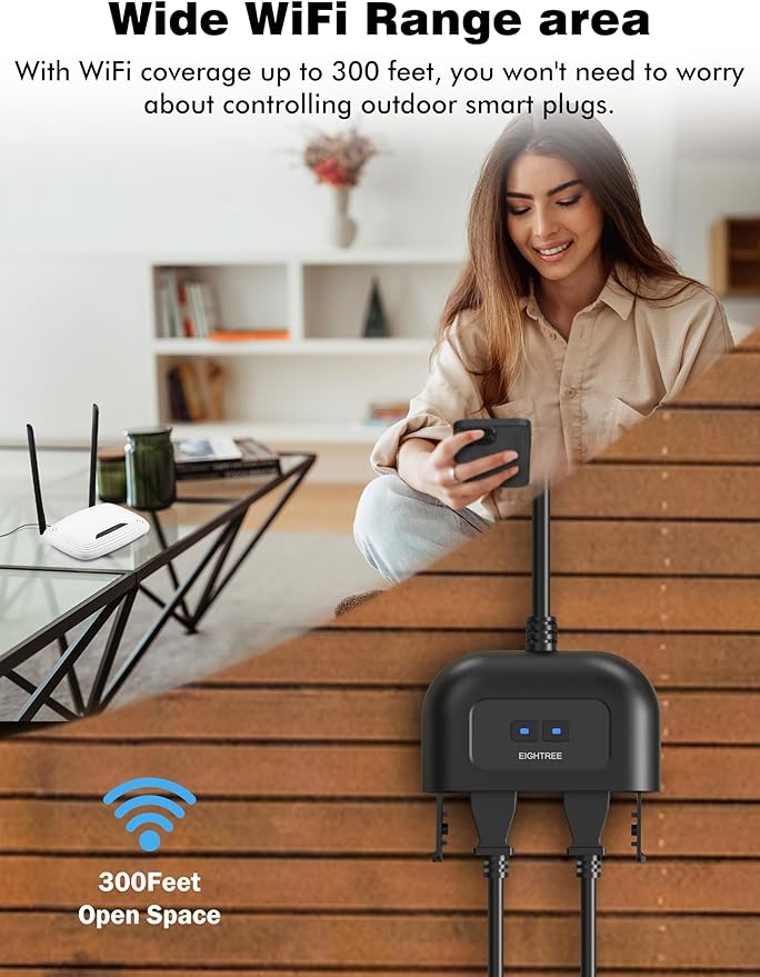 EIGHTREE Outdoor Smart Plug Waterproof IP44, Smart Outlet Plug with 2 Independently Controlled Outlets, Compatible with Alexa and Google Assistant, Voice & Remote Control, Timer&Schedule, 2.4GHz Only