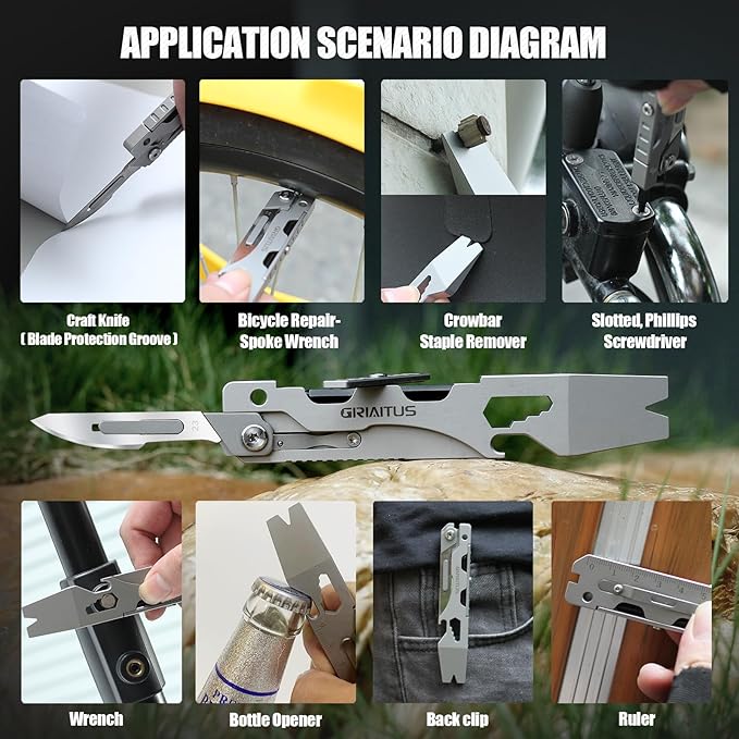 GIRIAITUS Multitool Pry Bar Tool with Multitool Knife, Bottle Opener, Hex Wrench, Screwdriver, Box Cutter Blade, Steel Handle, Everyday Carry, Cycling, Camping