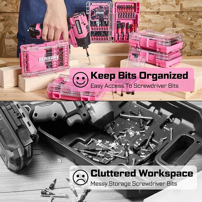 31Pieces Impact Screwdriver Bits Set, Magnetic S2 Steel 1”/2”/3” Phillips/Square/Torx Bits Tips,Impact Bit Holder and Nut Driver with Pink Storage Box Case